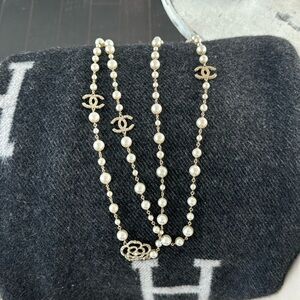 Chanel CC Pearl light gold Hardware Long Necklace with Crystals!